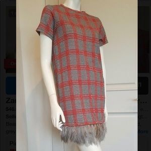 NWT ZARA Red and Gray Plaid Feather Mini Dress